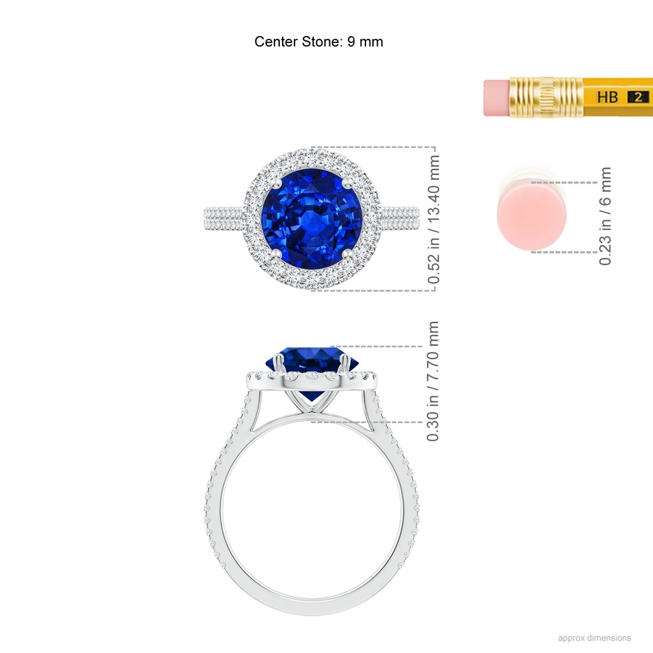 9mm AAAA Round Blue Sapphire Halo Ring with Diamond Accents in White Gold ruler