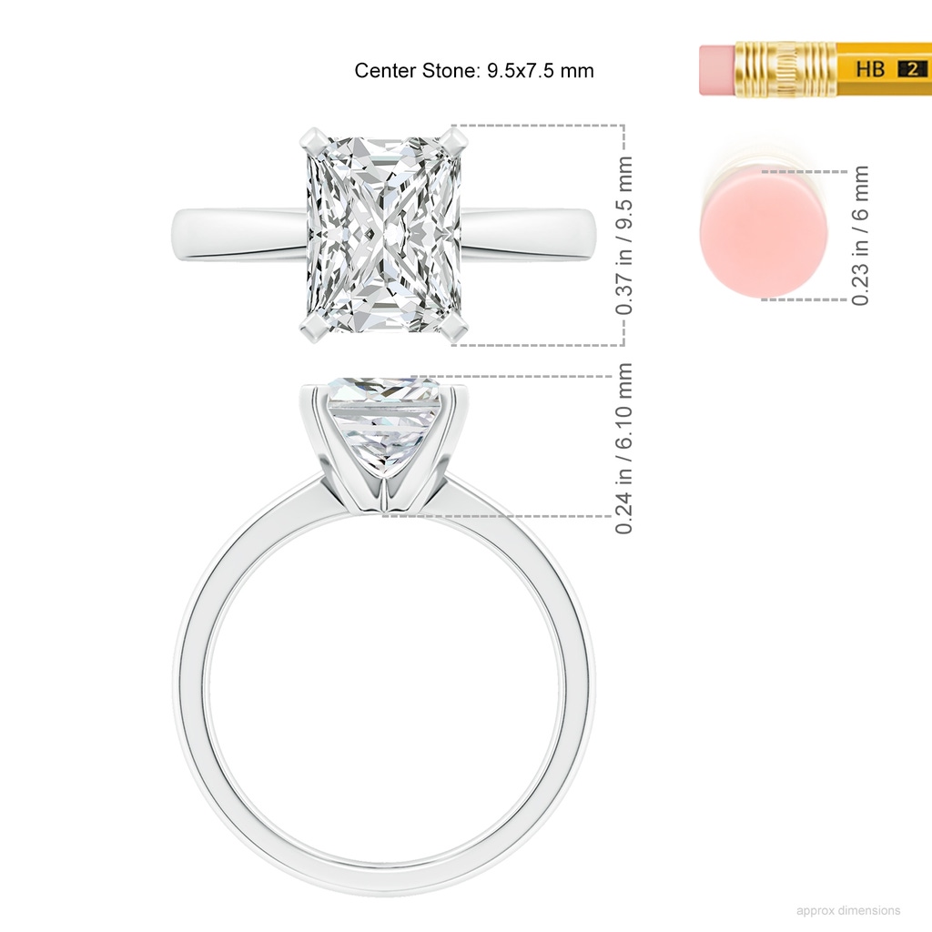 9.5x7.5mm HSI2 Radiant-Cut Diamond Reverse Tapered Shank Solitaire Engagement Ring in White Gold ruler