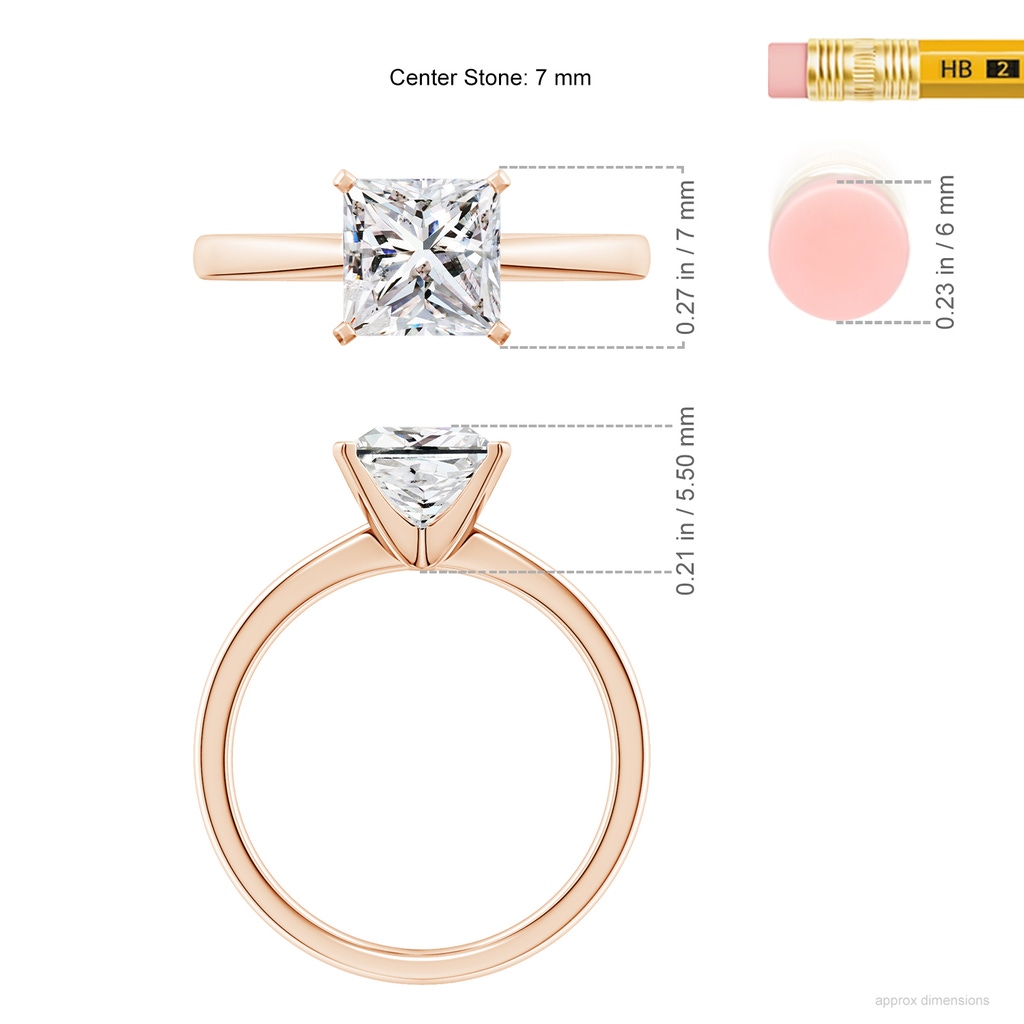 7mm IJI1I2 Princess-Cut Diamond Reverse Tapered Shank Solitaire Engagement Ring in Rose Gold ruler