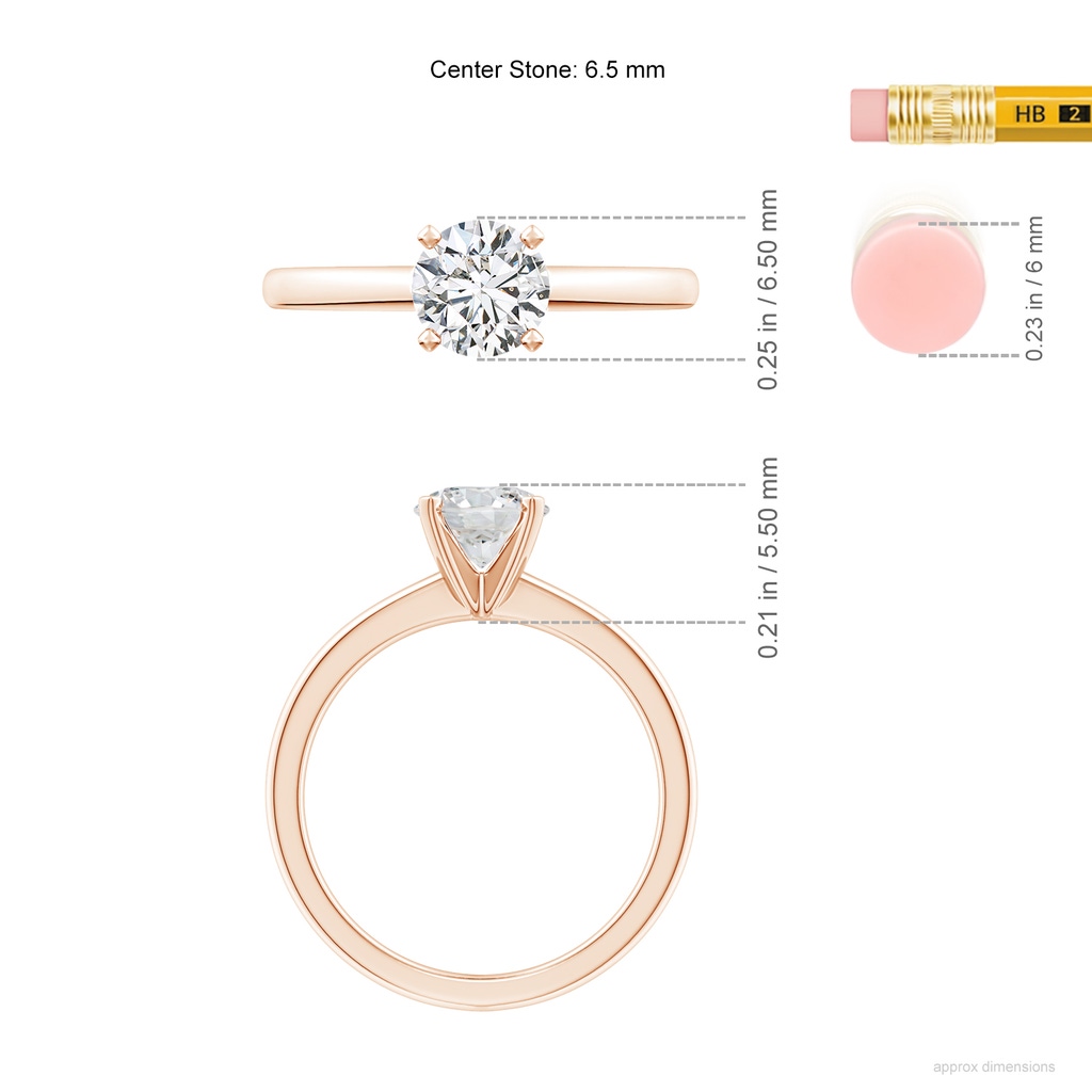 6.5mm HSI2 Solitaire Round Diamond Tapered Shank Engagement Ring in Rose Gold ruler