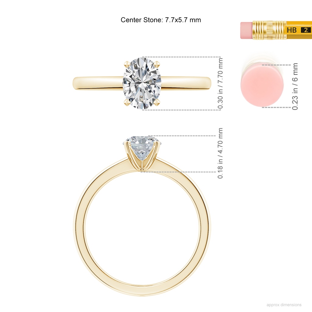 7.7x5.7mm HSI2 Solitaire Oval Diamond Tapered Shank Engagement Ring in Yellow Gold ruler