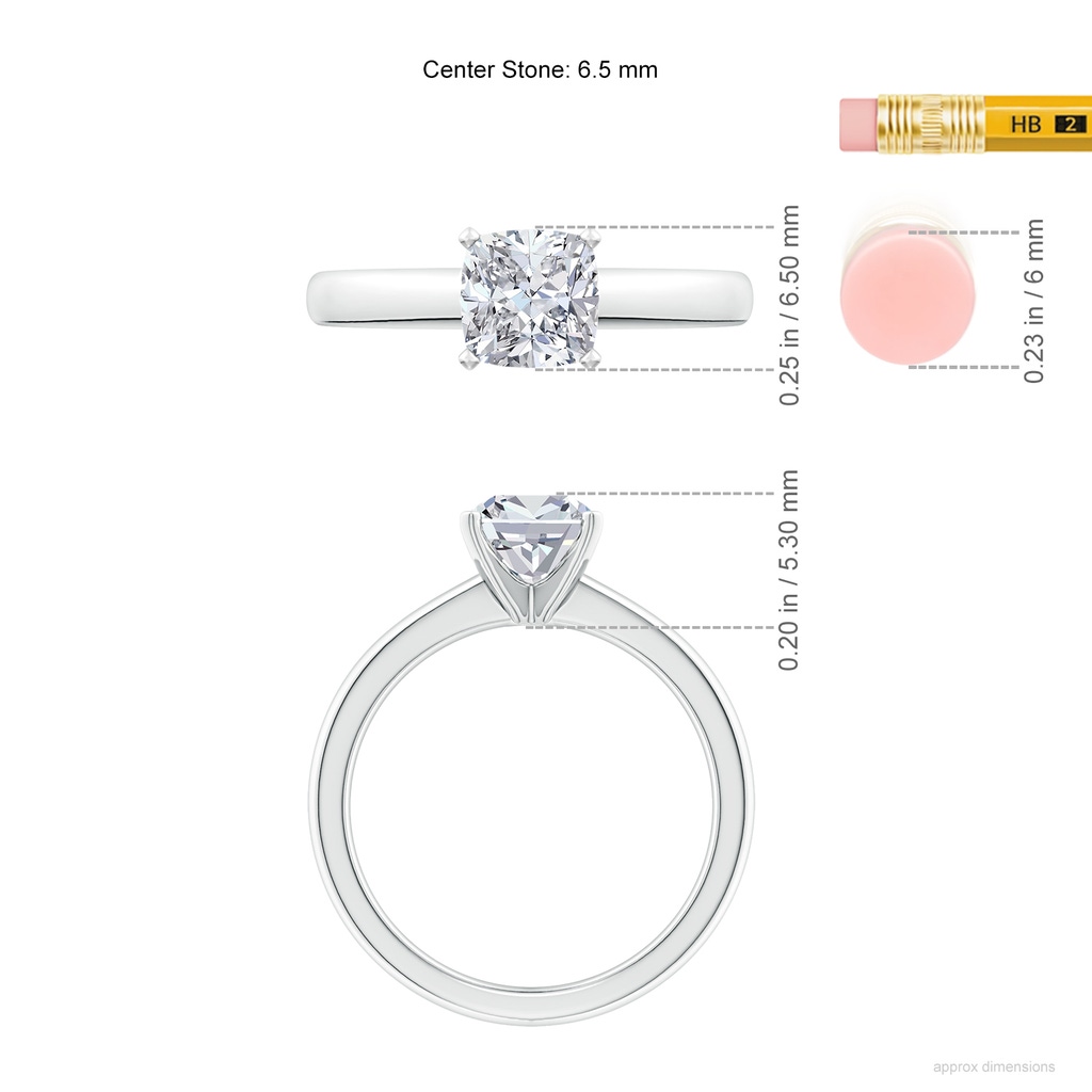6.5mm HSI2 Solitaire Cushion Diamond Tapered Shank Engagement Ring in White Gold ruler