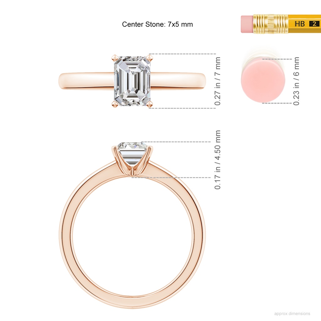 7x5mm IJI1I2 Solitaire Emerald-Cut Diamond Tapered Shank Engagement Ring in Rose Gold ruler