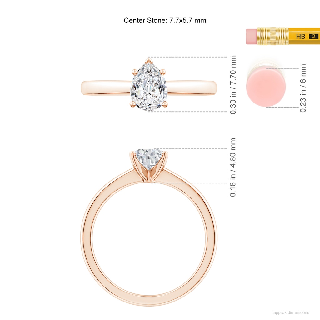 7.7x5.7mm HSI2 Solitaire Pear Diamond Tapered Shank Engagement Ring in Rose Gold ruler