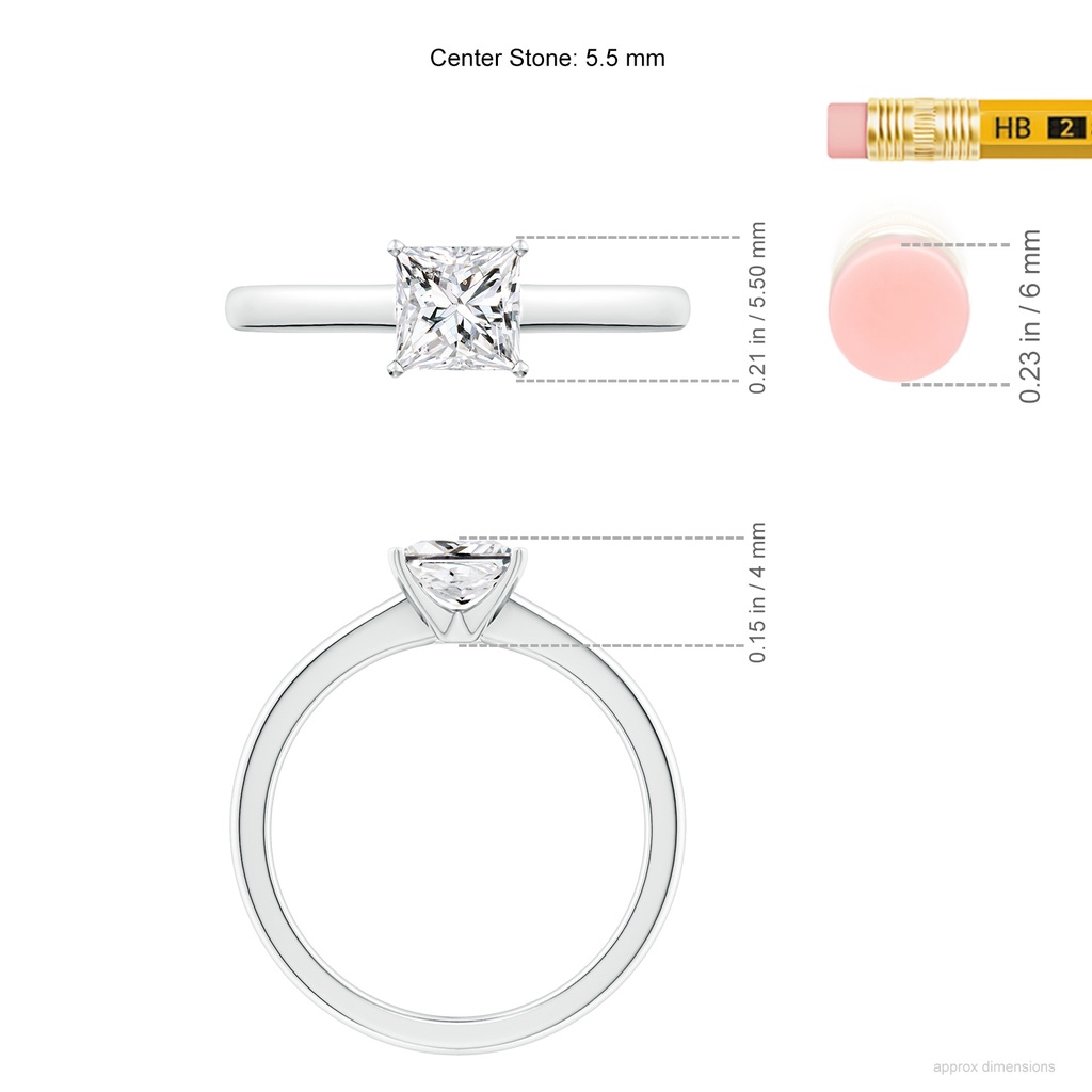 5.5mm HSI2 Solitaire Princess-Cut Diamond Tapered Shank Engagement Ring in White Gold ruler