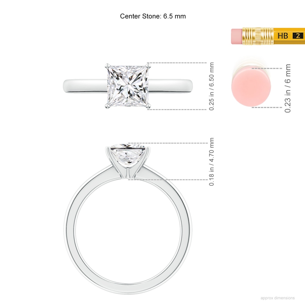 6.5mm HSI2 Solitaire Princess-Cut Diamond Tapered Shank Engagement Ring in White Gold ruler