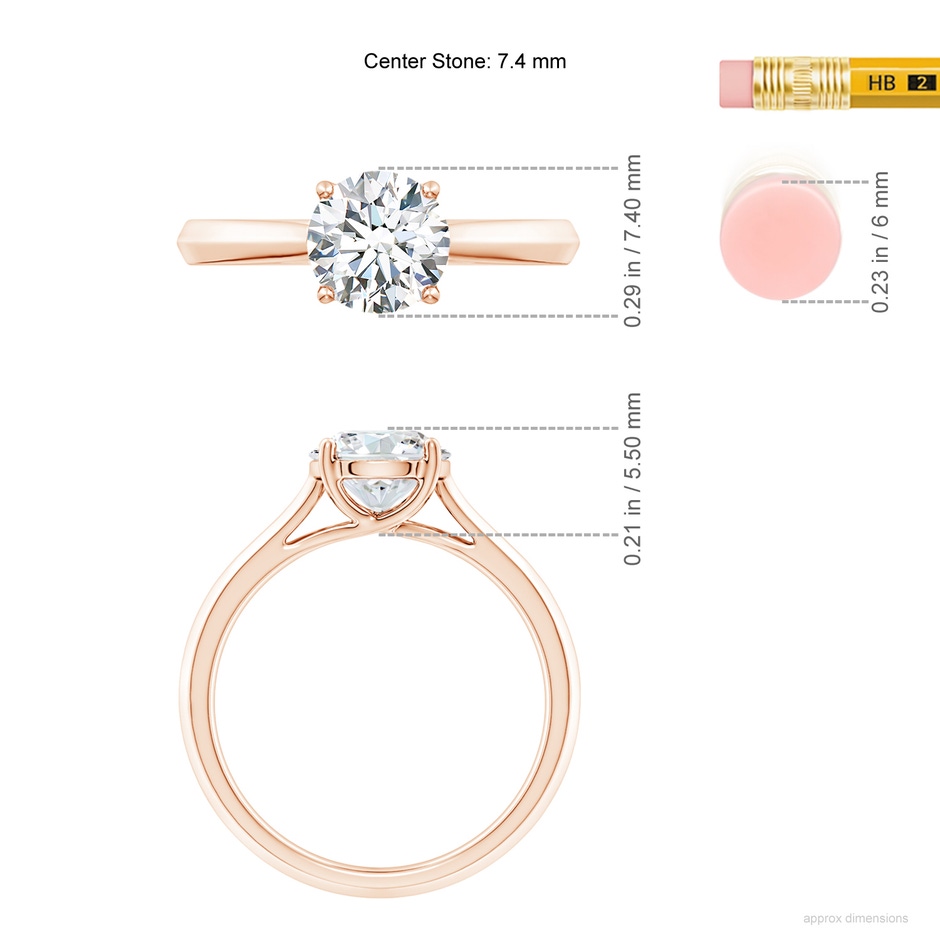 7.4mm GVS2 Round Diamond Knife-Edge Shank Trellis Engagement Ring in 9K Rose Gold ruler