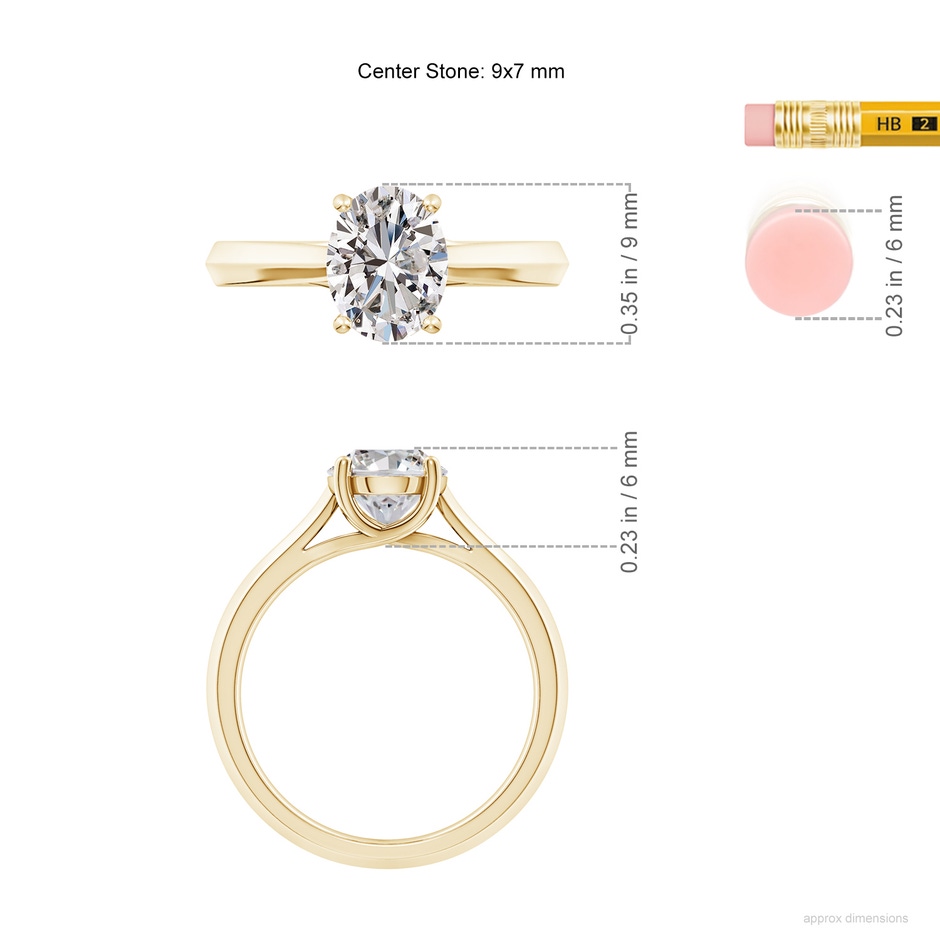 9x7mm IJI1I2 Oval Diamond Knife-Edge Shank Trellis Engagement Ring in Yellow Gold ruler