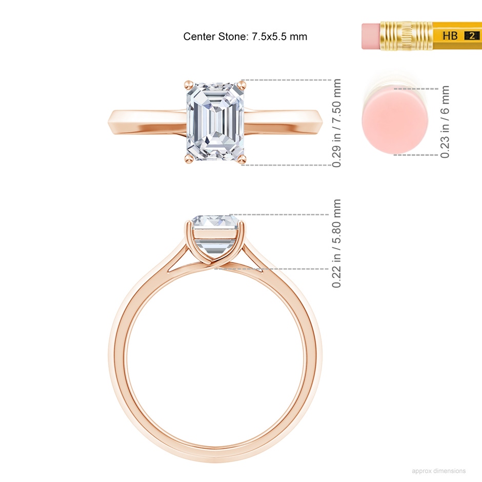 7.5x5.5mm GVS2 Emerald-Cut Diamond Knife-Edge Shank Trellis Engagement Ring in Rose Gold ruler