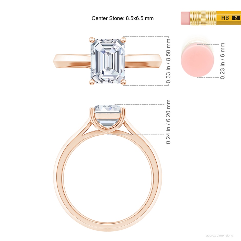 8.5x6.5mm GVS2 Emerald-Cut Diamond Knife-Edge Shank Trellis Engagement Ring in Rose Gold ruler