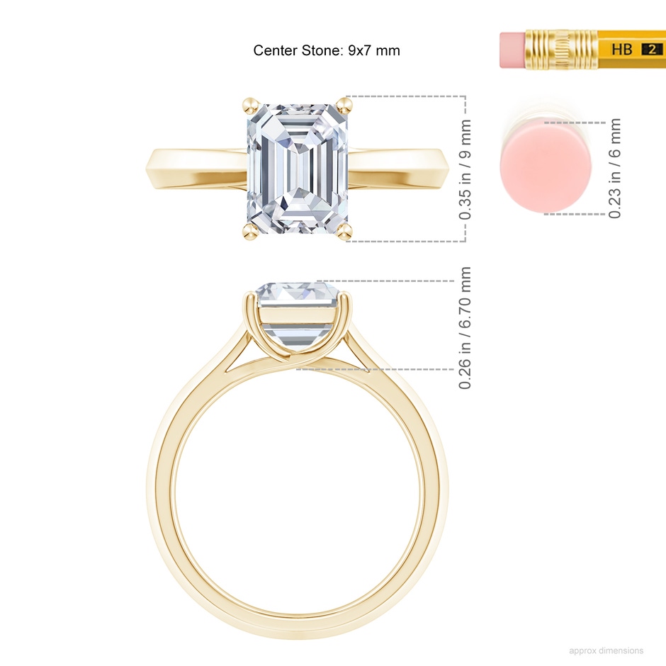 9x7mm GVS2 Emerald-Cut Diamond Knife-Edge Shank Trellis Engagement Ring in Yellow Gold ruler