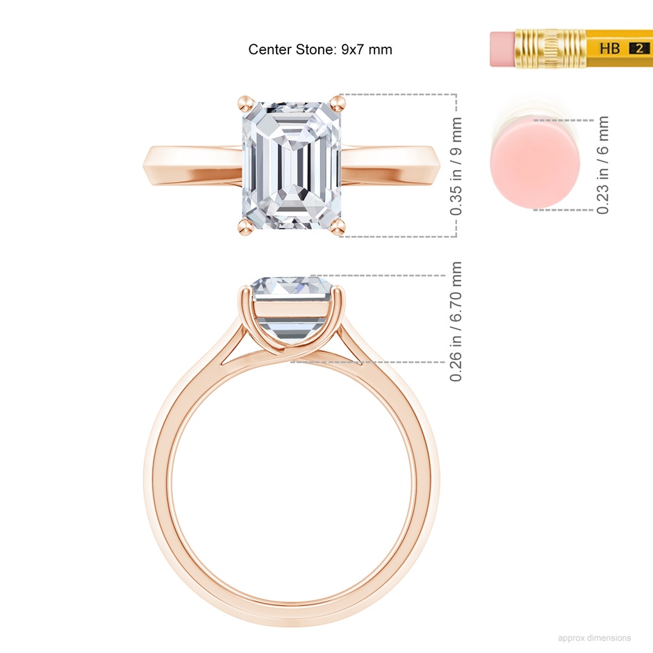 9x7mm HSI2 Emerald-Cut Diamond Knife-Edge Shank Trellis Engagement Ring in Rose Gold ruler