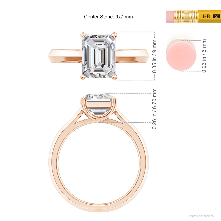9x7mm IJI1I2 Emerald-Cut Diamond Knife-Edge Shank Trellis Engagement Ring in Rose Gold ruler