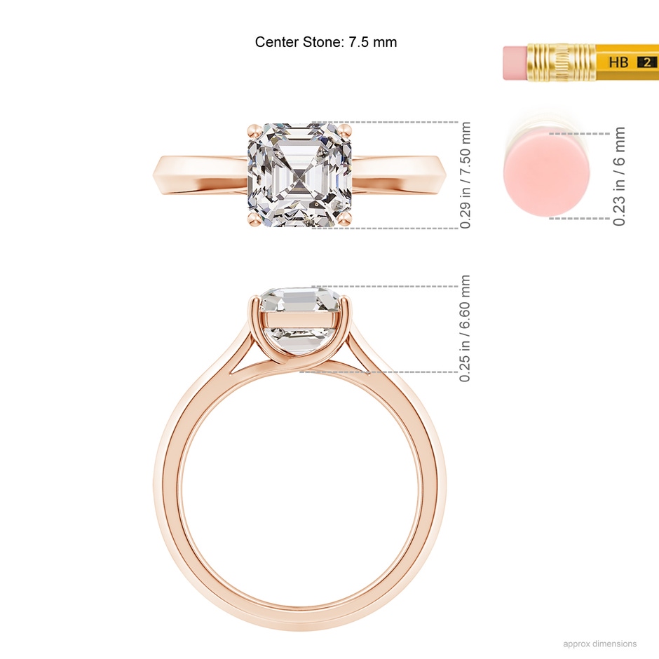 7.5mm IJI1I2 Square Emerald-Cut Diamond Knife-Edge Shank Trellis Engagement Ring in Rose Gold ruler