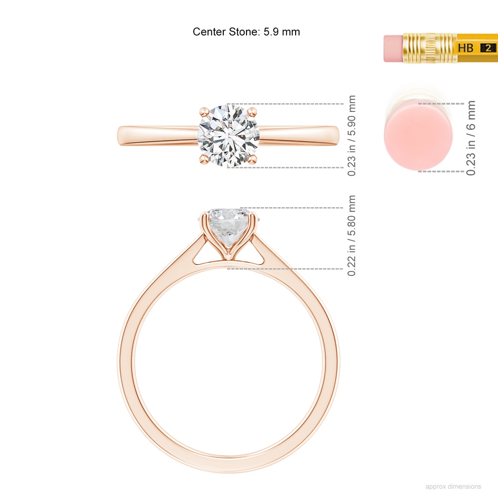 5.9mm HSI2 Round Diamond Reverse Tapered Shank Cathedral Engagement Ring in Rose Gold ruler