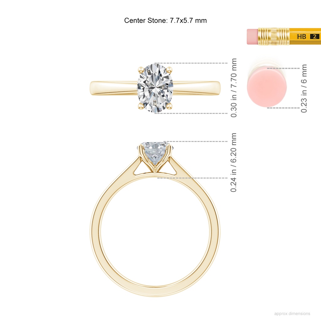 7.7x5.7mm HSI2 Oval Diamond Reverse Tapered Shank Cathedral Engagement Ring in Yellow Gold ruler