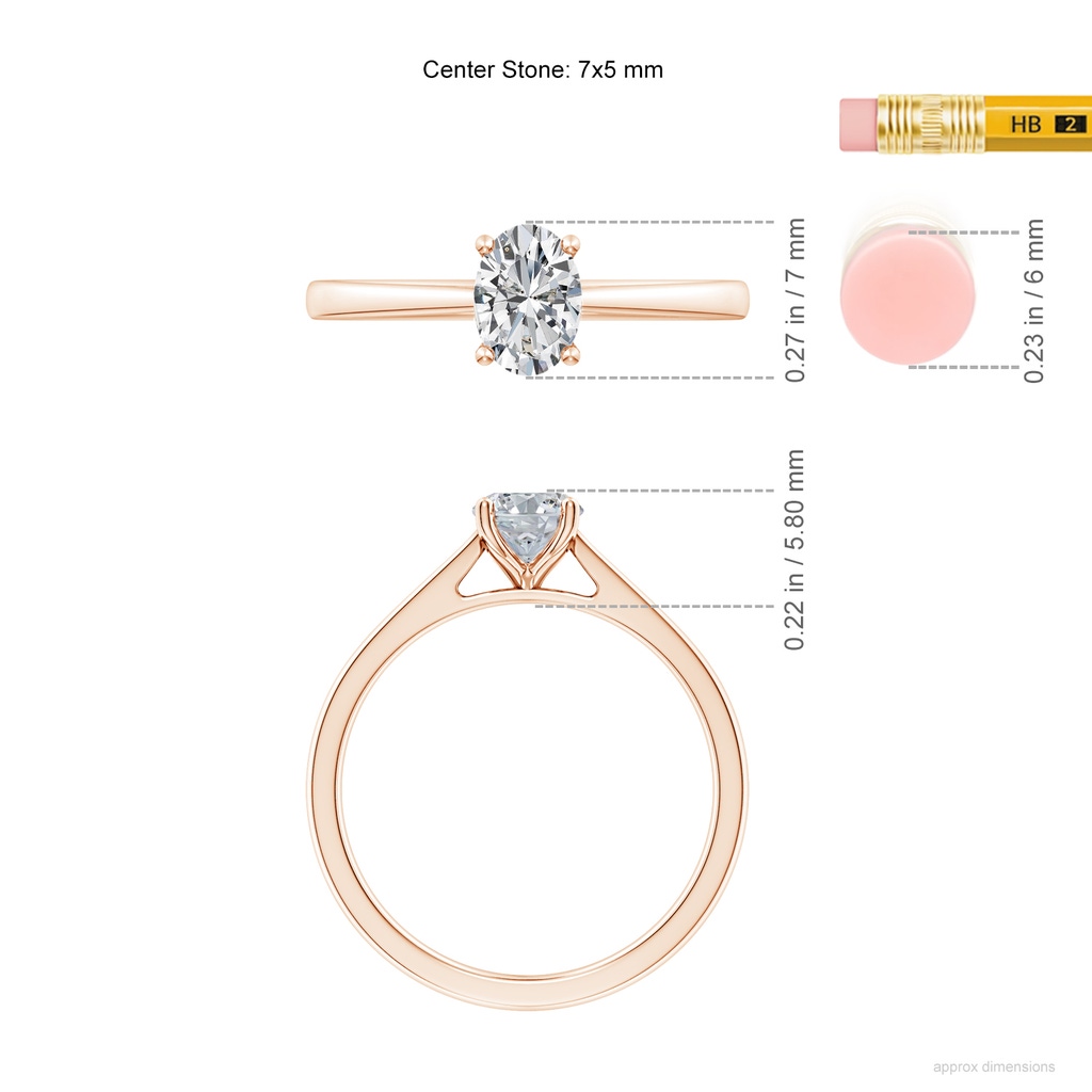 7x5mm HSI2 Oval Diamond Reverse Tapered Shank Cathedral Engagement Ring in Rose Gold ruler