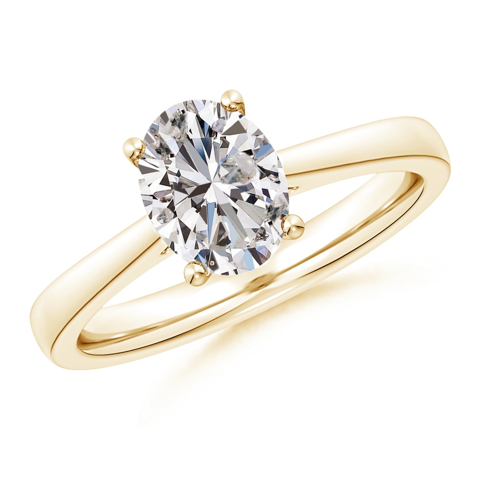 8.5x6.5mm IJI1I2 Oval Diamond Reverse Tapered Shank Cathedral Engagement Ring in Yellow Gold 