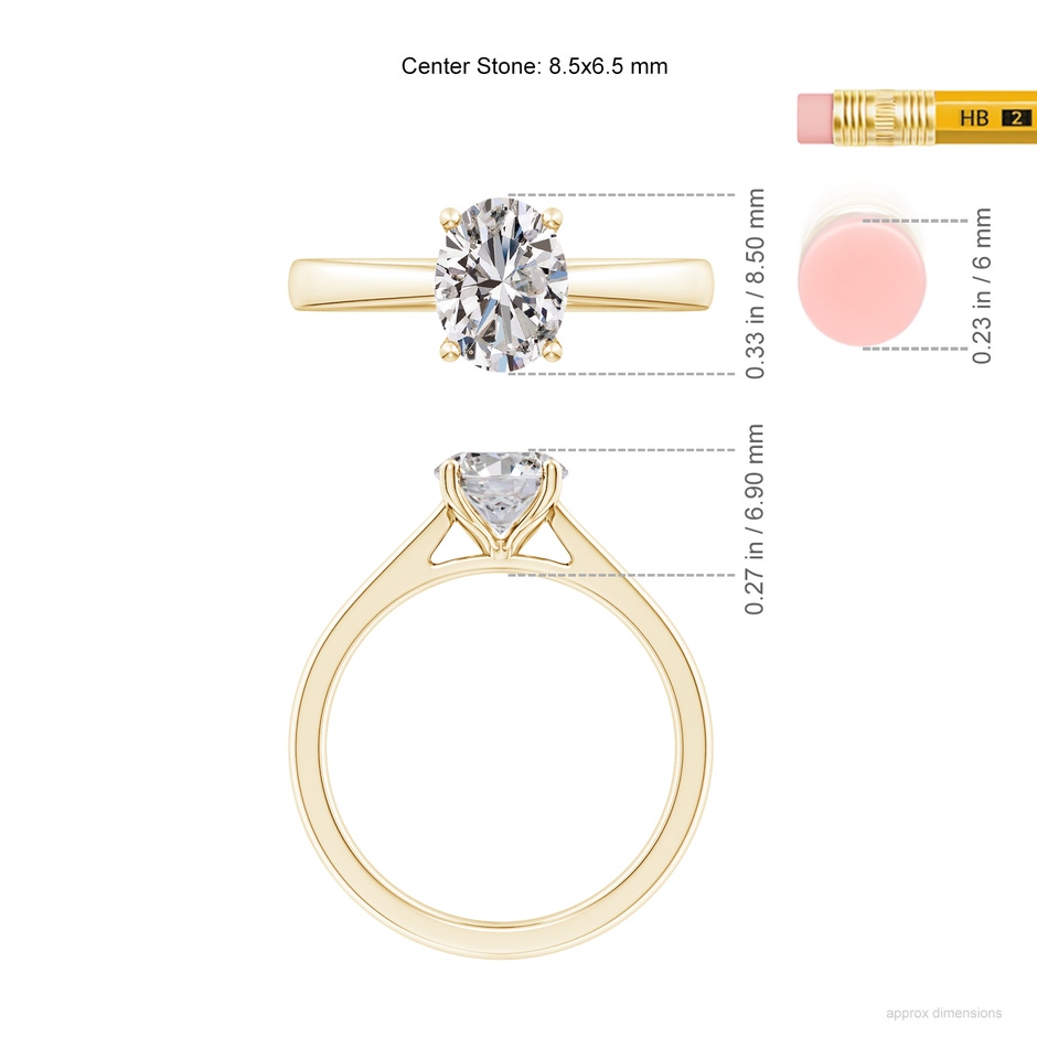 8.5x6.5mm IJI1I2 Oval Diamond Reverse Tapered Shank Cathedral Engagement Ring in Yellow Gold ruler