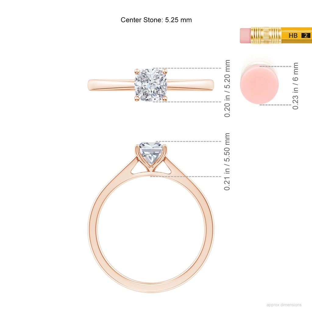 5.25mm HSI2 Cushion Diamond Reverse Tapered Shank Cathedral Engagement Ring in Rose Gold ruler