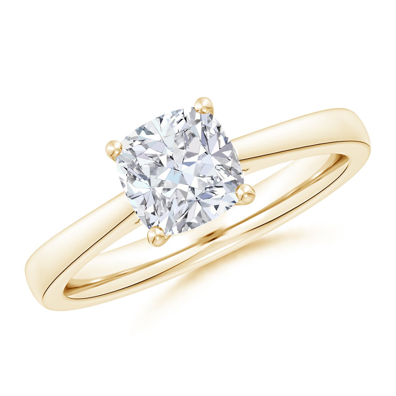 6.5mm GVS2 Cushion Diamond Reverse Tapered Shank Cathedral Engagement Ring in Yellow Gold