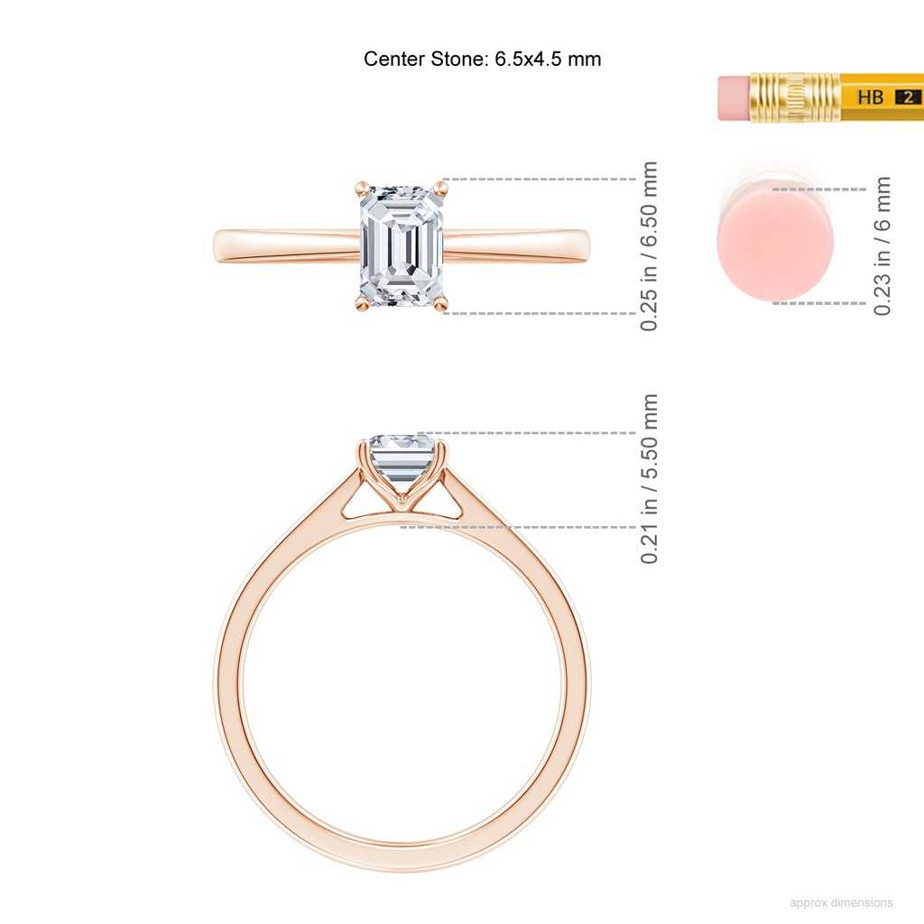6.5x4.5mm HSI2 Emerald-Cut Diamond Reverse Tapered Shank Cathedral Engagement Ring in Rose Gold ruler