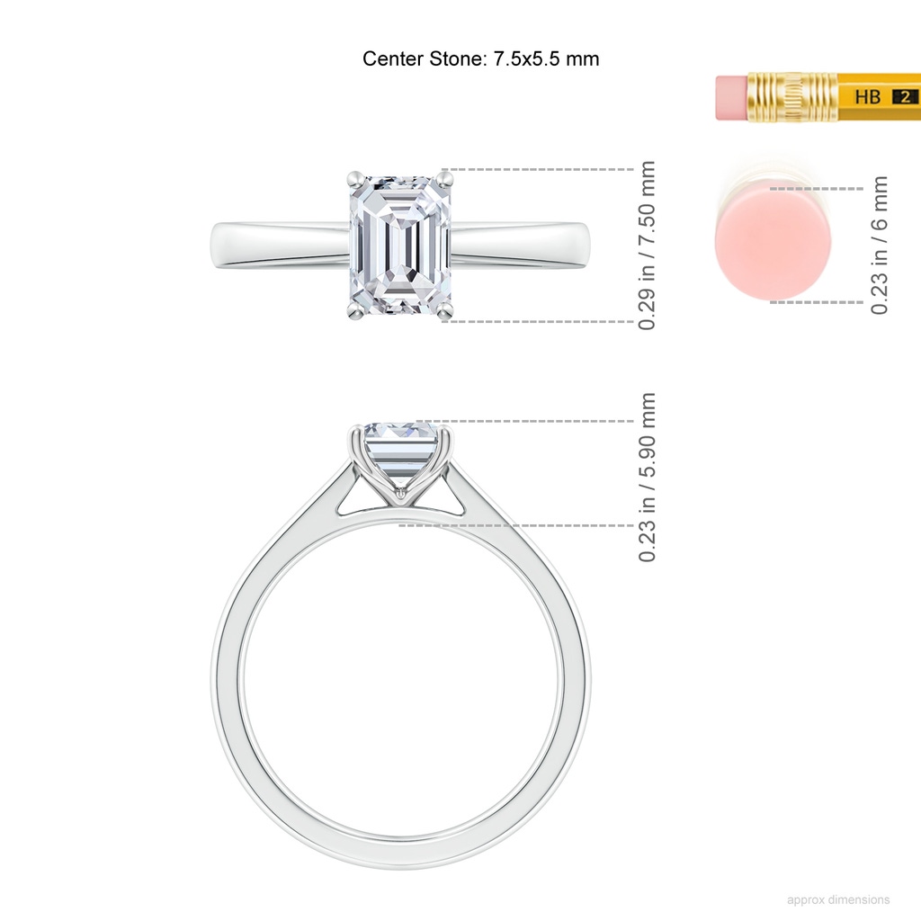 7.5x5.5mm HSI2 Emerald-Cut Diamond Reverse Tapered Shank Cathedral Engagement Ring in White Gold ruler