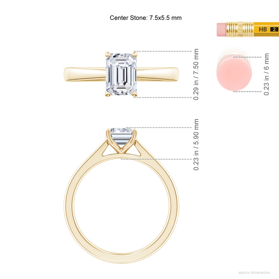7.5x5.5mm HSI2 Emerald-Cut Diamond Reverse Tapered Shank Cathedral Engagement Ring in Yellow Gold ruler