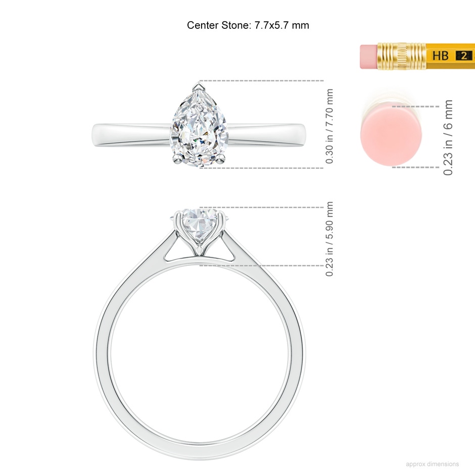 7.7x5.7mm GVS2 Pear Diamond Reverse Tapered Shank Cathedral Engagement Ring in P950 Platinum ruler
