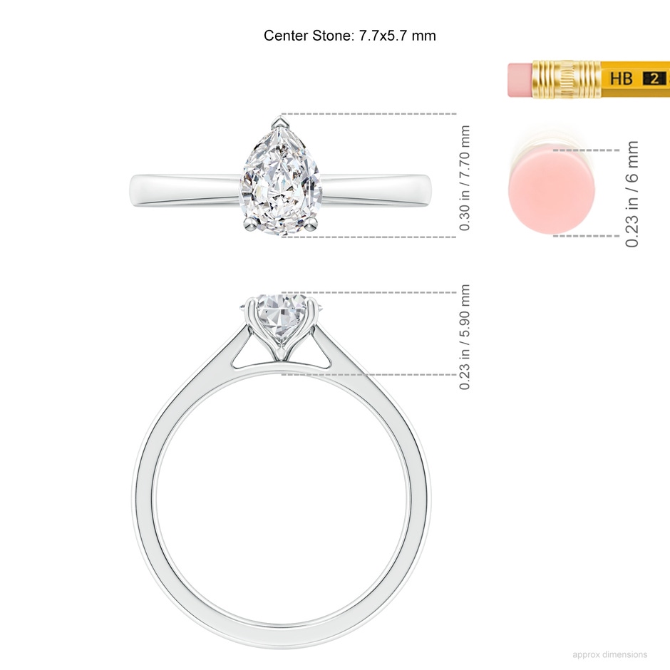 7.7x5.7mm HSI2 Pear Diamond Reverse Tapered Shank Cathedral Engagement Ring in White Gold ruler