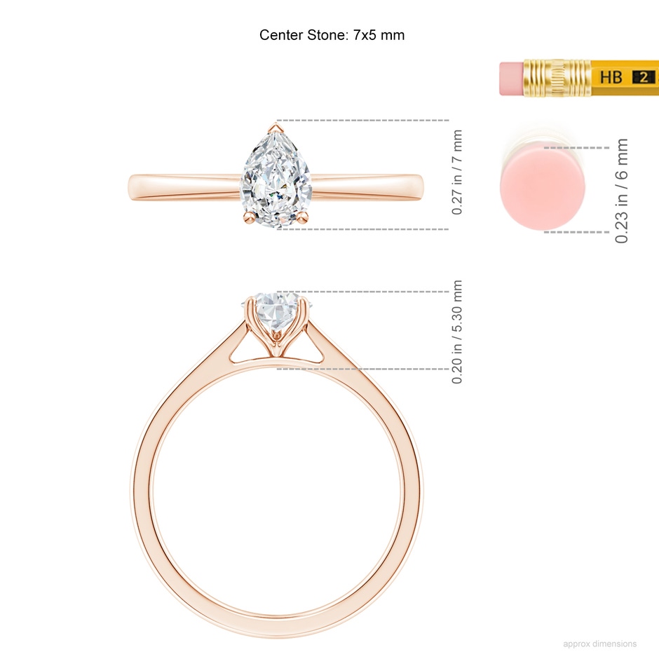 7x5mm GVS2 Pear Diamond Reverse Tapered Shank Cathedral Engagement Ring in Rose Gold ruler