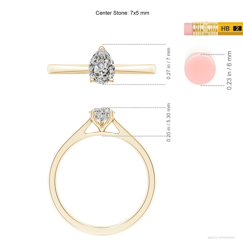 7x5mm KI3 Pear Diamond Reverse Tapered Shank Cathedral Engagement Ring in Yellow Gold ruler