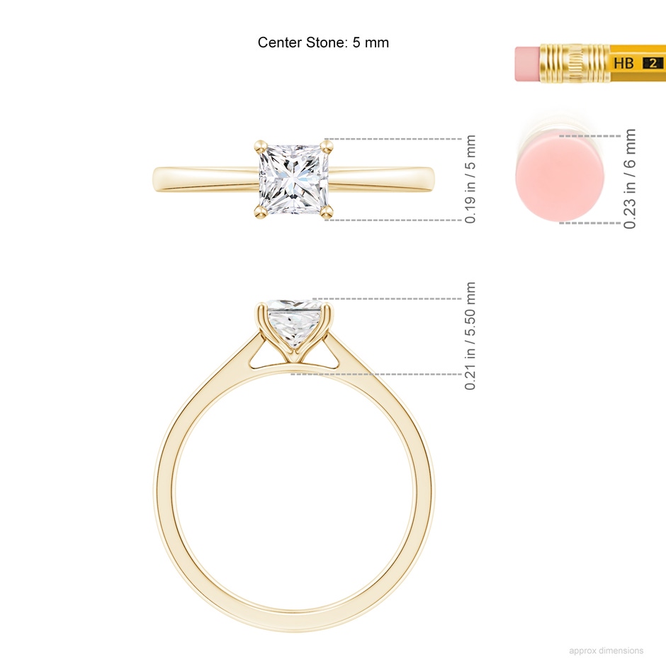 5mm GVS2 Princess-Cut Diamond Reverse Tapered Shank Cathedral Engagement Ring in Yellow Gold ruler