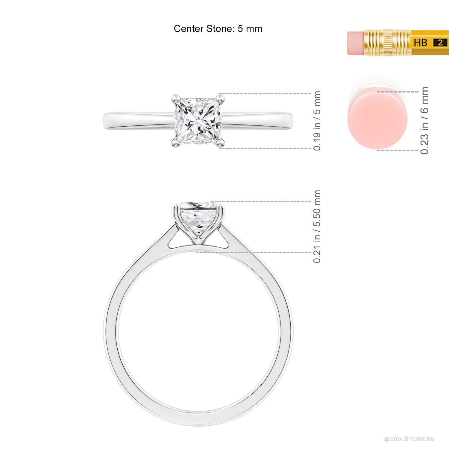 5mm HSI2 Princess-Cut Diamond Reverse Tapered Shank Cathedral Engagement Ring in White Gold - ruler