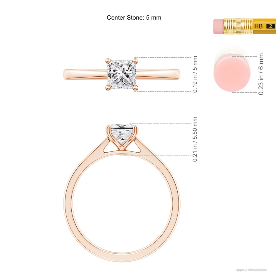 5mm IJI1I2 Princess-Cut Diamond Reverse Tapered Shank Cathedral Engagement Ring in Rose Gold ruler
