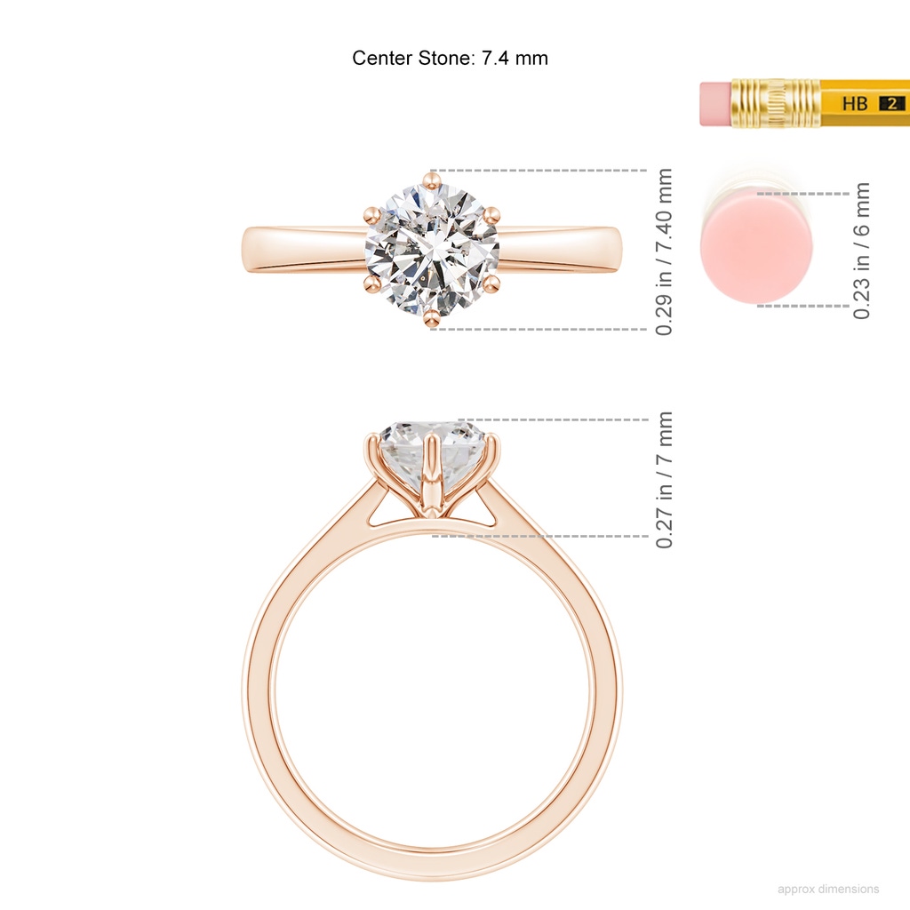 7.4mm IJI1I2 Round Diamond Reverse Tapered Shank Cathedral Engagement Ring in Rose Gold ruler