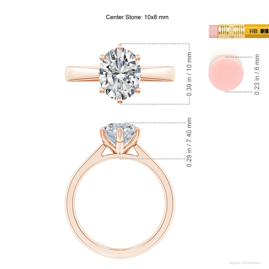 10x8mm HSI2 Oval Diamond Reverse Tapered Shank Cathedral Engagement Ring in Rose Gold ruler