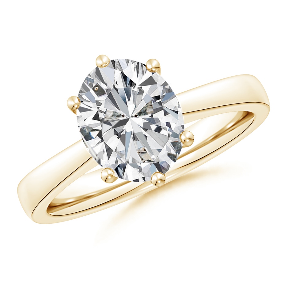 10x8mm HSI2 Oval Diamond Reverse Tapered Shank Cathedral Engagement Ring in Yellow Gold 
