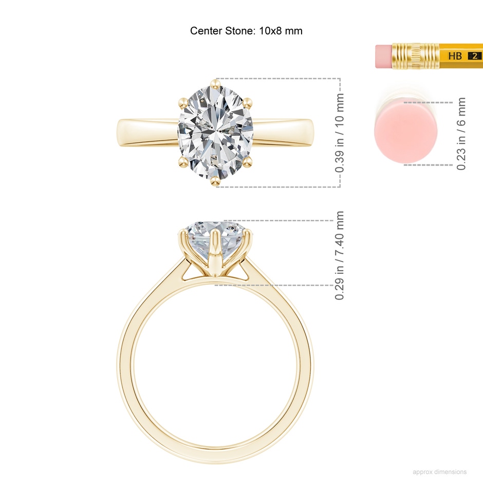 10x8mm HSI2 Oval Diamond Reverse Tapered Shank Cathedral Engagement Ring in Yellow Gold ruler