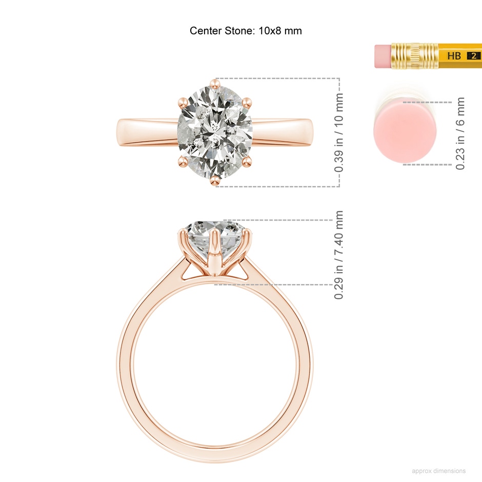 10x8mm KI3 Oval Diamond Reverse Tapered Shank Cathedral Engagement Ring in Rose Gold ruler