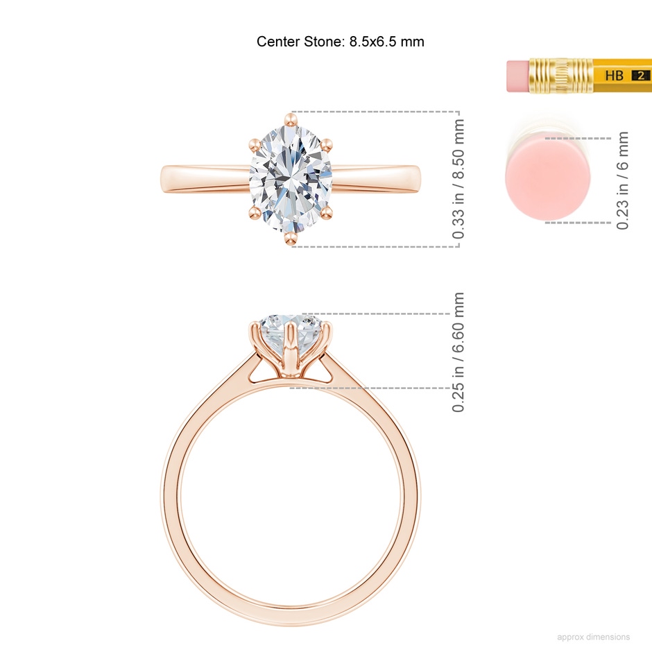 8.5x6.5mm GVS2 Oval Diamond Reverse Tapered Shank Cathedral Engagement Ring in Rose Gold ruler