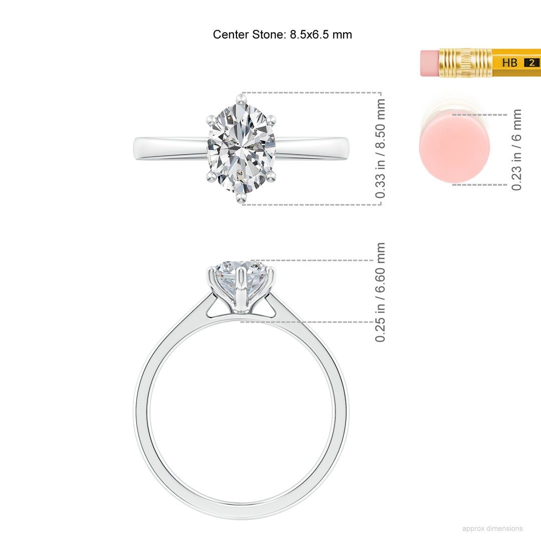 8.5x6.5mm HSI2 Oval Diamond Reverse Tapered Shank Cathedral Engagement Ring in White Gold - ruler