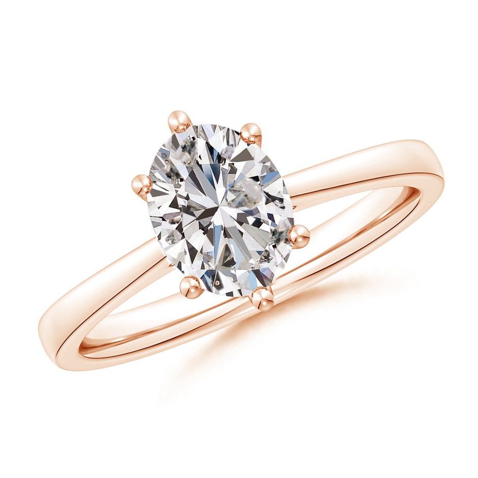 8.5x6.5mm IJI1I2 Oval Diamond Reverse Tapered Shank Cathedral Engagement Ring in Rose Gold 