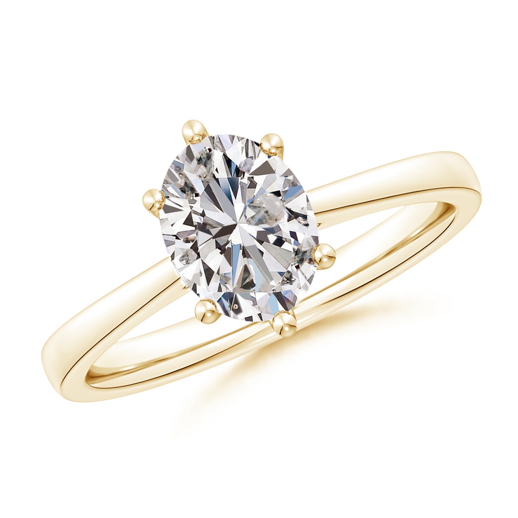 8.5x6.5mm IJI1I2 Oval Diamond Reverse Tapered Shank Cathedral Engagement Ring in Yellow Gold 