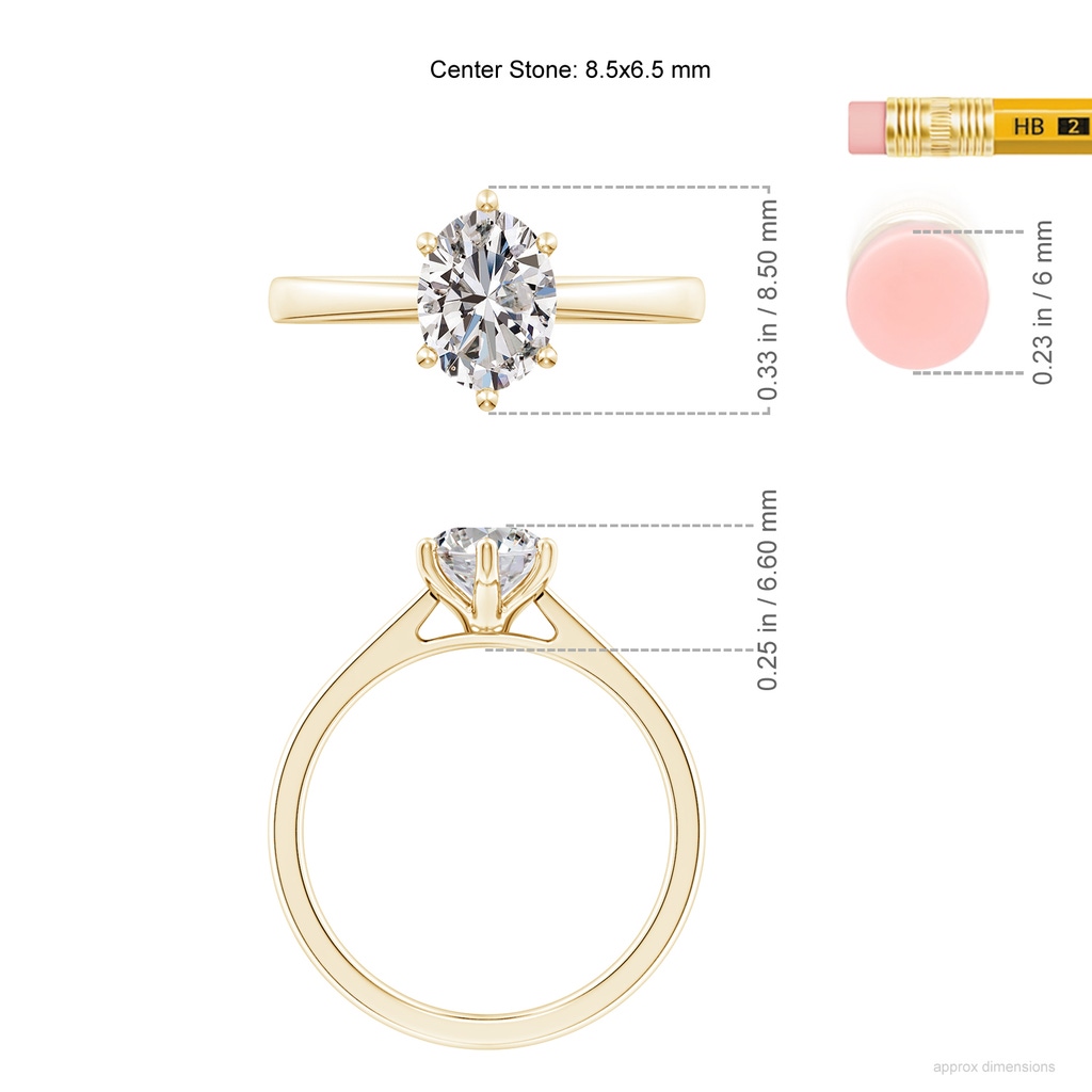 8.5x6.5mm IJI1I2 Oval Diamond Reverse Tapered Shank Cathedral Engagement Ring in Yellow Gold ruler