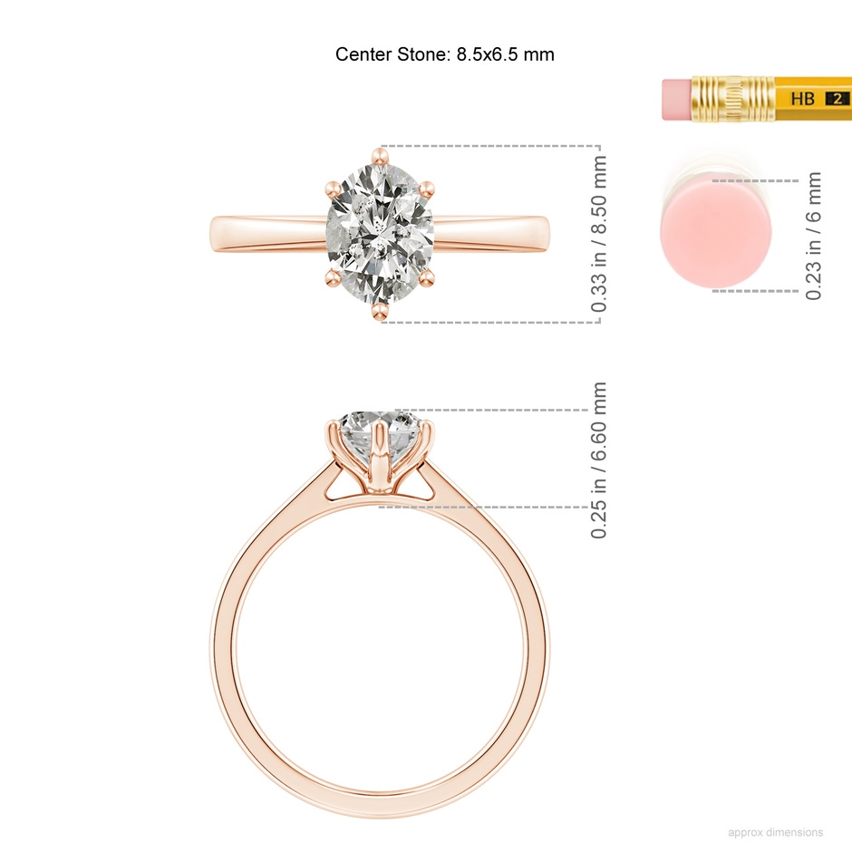 8.5x6.5mm KI3 Oval Diamond Reverse Tapered Shank Cathedral Engagement Ring in Rose Gold ruler