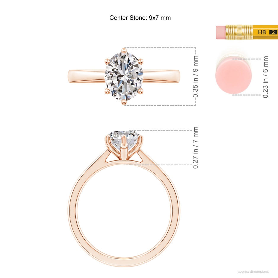 9x7mm IJI1I2 Oval Diamond Reverse Tapered Shank Cathedral Engagement Ring in Rose Gold ruler