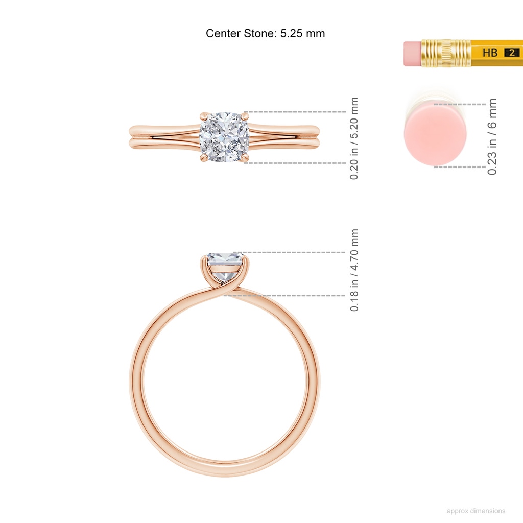 5.25mm HSI2 Cushion Diamond Double Shank Solitaire Engagement Ring in Rose Gold ruler