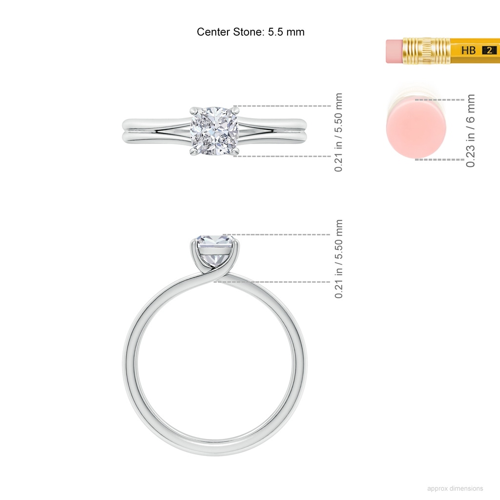 5.5mm HSI2 Cushion Diamond Double Shank Solitaire Engagement Ring in White Gold ruler