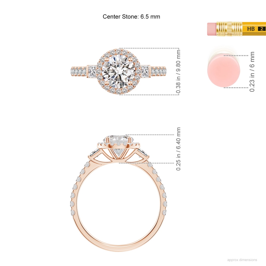 6.5mm IJI1I2 Round Diamond Side Stone Halo Engagement Ring in Rose Gold ruler